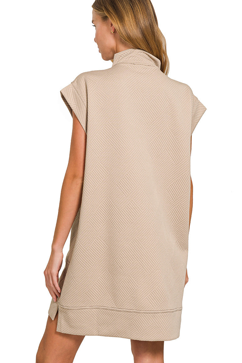 TEXTURED KNIT JACQUARD QUARTER ZIPPER MINI DRESS