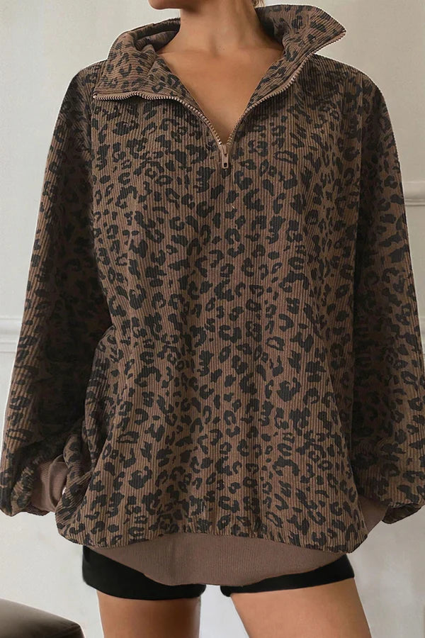Leopard Corduroy Half Zip Pullover