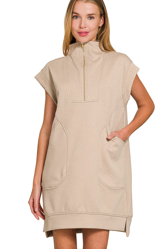 TEXTURED KNIT JACQUARD QUARTER ZIPPER MINI DRESS