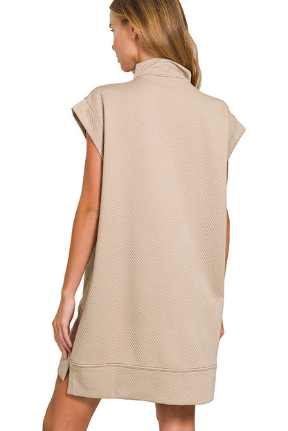 TEXTURED KNIT JACQUARD QUARTER ZIPPER MINI DRESS