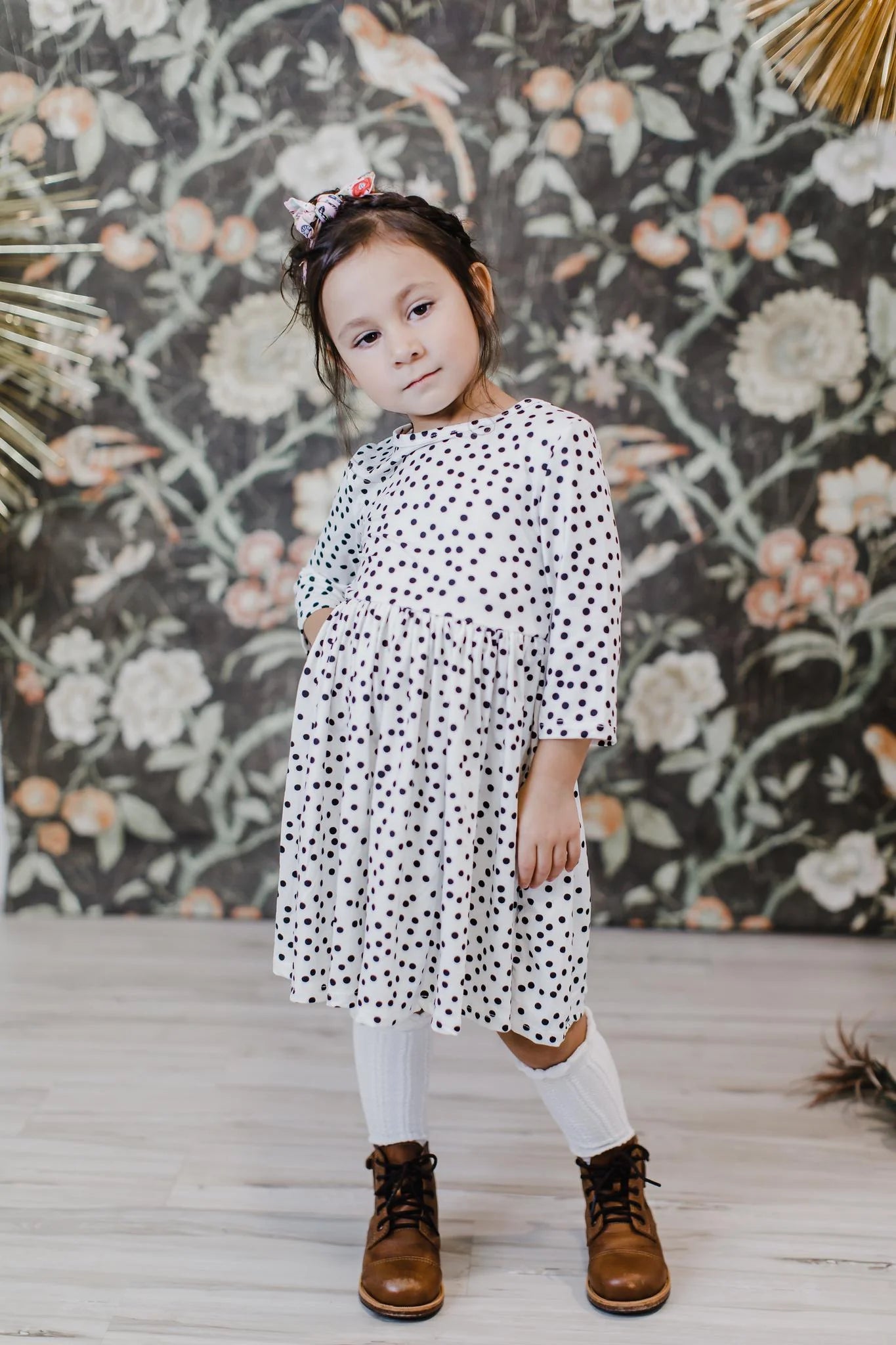 Scattered Dot 3/4 Sleeve Pocket Twirl Dress